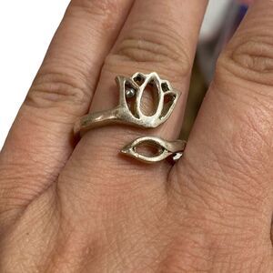 Boho Lotus Flower & Leaf Adjustable Silver Ring